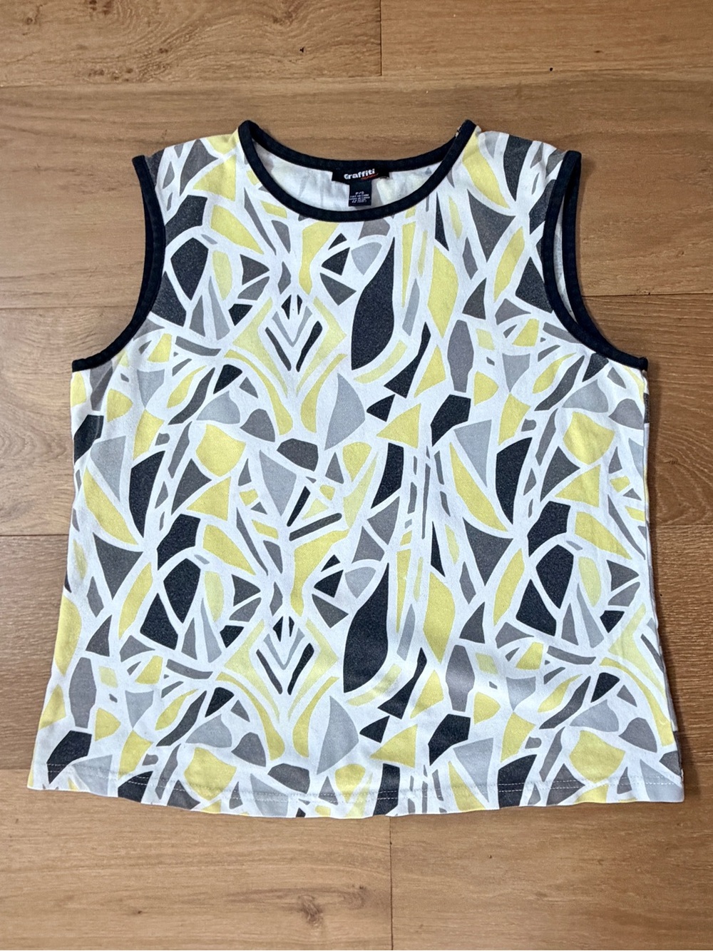 Graffiti Y2K Ringer Tank Top Yellow Black Gray Abstract Geometric Knit Wm Small